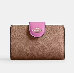 *NWT* COACH Pink & Tan Medium Corner Zip Wallet In Signature Canvas
